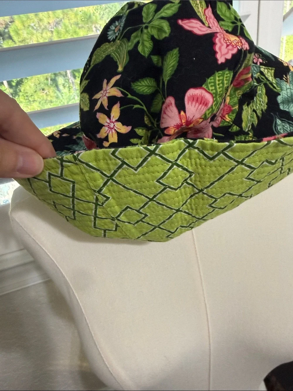 Vera Bradley Black Gardening Bucket Hat with Pink & Green Floral Print